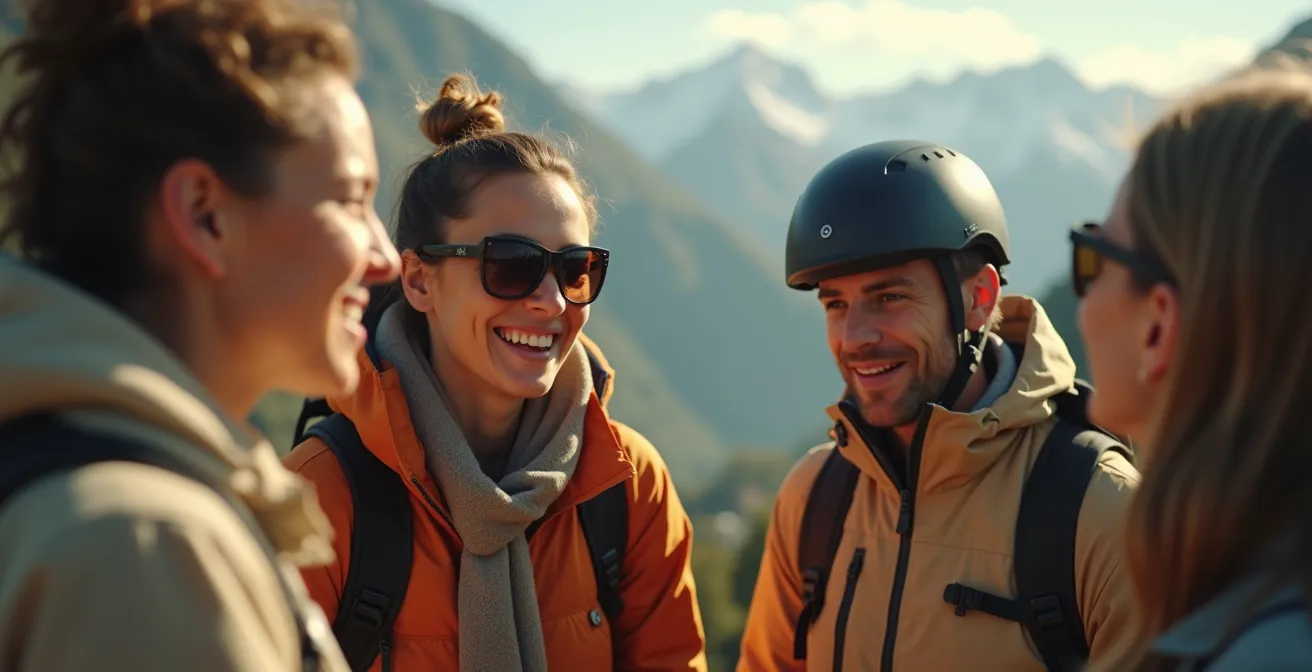 Gros plan sur des personnes discutant et planifiant un séjour sportif dans un environnement naturel et luxueux