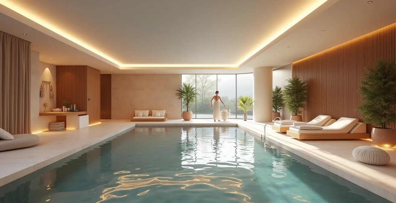 Vue architecturale élégante et moderne d’un centre bien-être sportif avec zones distinctes pour sport, récupération et détente