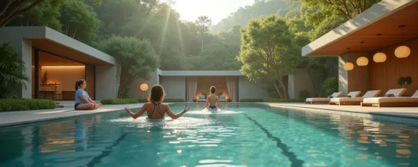 Personnes pratiquant des activités physiques élégantes dans un cadre de luxe et de bien-être avec piscine, nature et espace spa