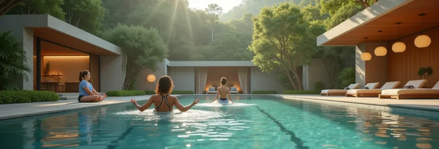 Personnes pratiquant des activités physiques élégantes dans un cadre de luxe et de bien-être avec piscine, nature et espace spa