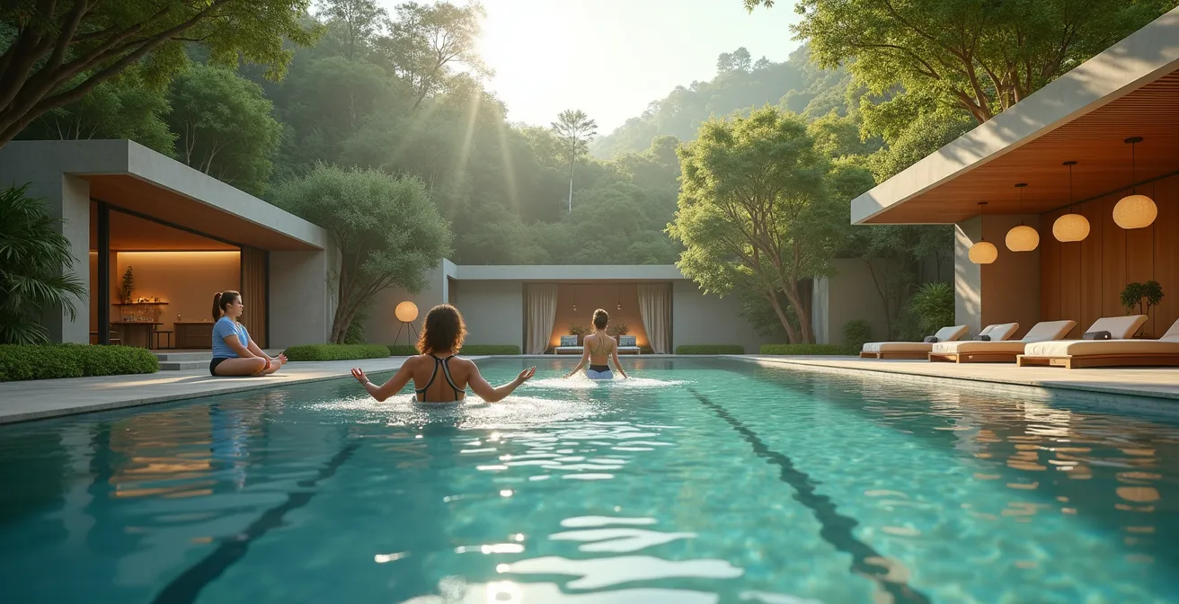 Personnes pratiquant des activités physiques élégantes dans un cadre de luxe et de bien-être avec piscine, nature et espace spa