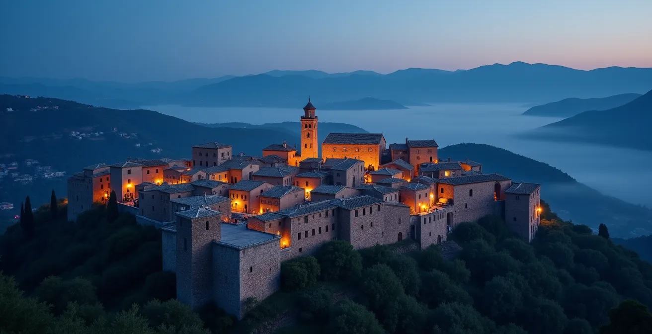 Village perché de Mougins illuminé au crépuscule