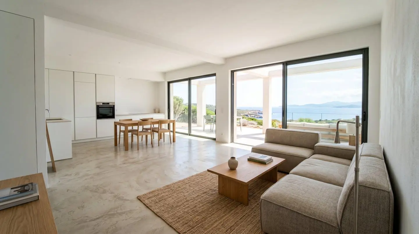 Un salon contemporain vide inondé de lumière méditerranéenne à travers de larges baies vitrées, avec mobilier épuré et vue floue sur l'extérieur