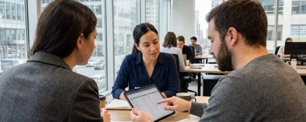 Un propriétaire et un professionnel de l'immobilier examinent ensemble des documents sur une tablette dans un bureau moderne éclairé par la lumière naturelle