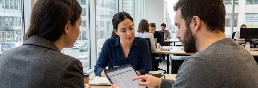 Un propriétaire et un professionnel de l'immobilier examinent ensemble des documents sur une tablette dans un bureau moderne éclairé par la lumière naturelle