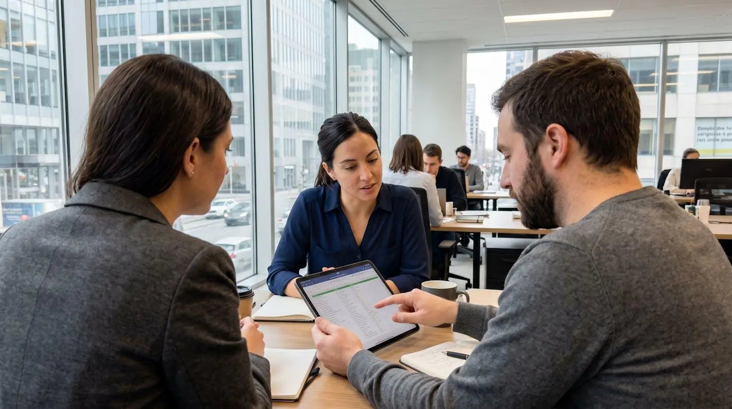 Un propriétaire et un professionnel de l'immobilier examinent ensemble des documents sur une tablette dans un bureau moderne éclairé par la lumière naturelle